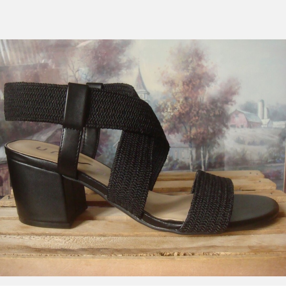 UNISA UNELZIE BLACK ELASTIC CANVAS X-CROSS STRAPS CHUNKY HEEL SANDALS,8.5M